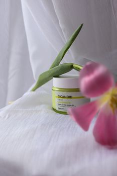Stylish product shot of Cicanoid cream with a pink flower and green leaf accent.