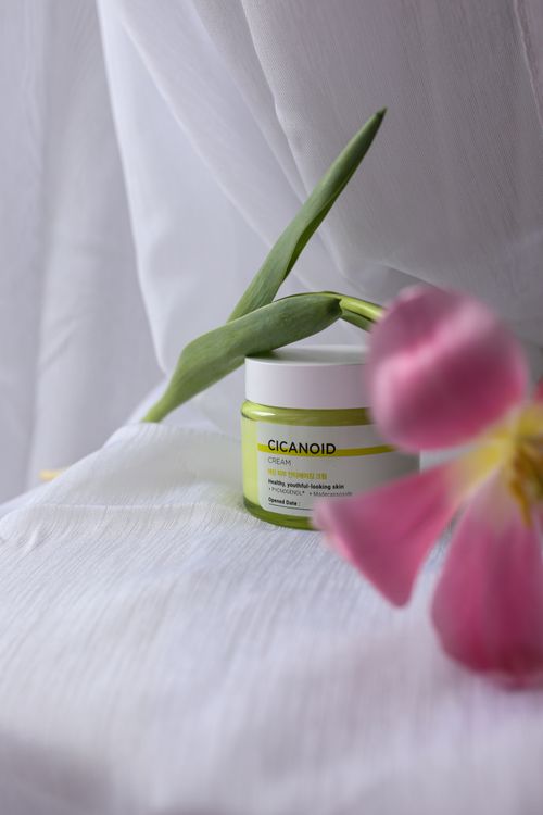 Free Stylish product shot of Cicanoid cream with a pink flower and green leaf accent. Stock Photo