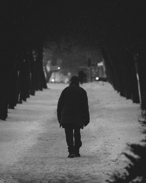 Grayscale Shot of a Person Walking on a Snow Covered Ground Between Trees