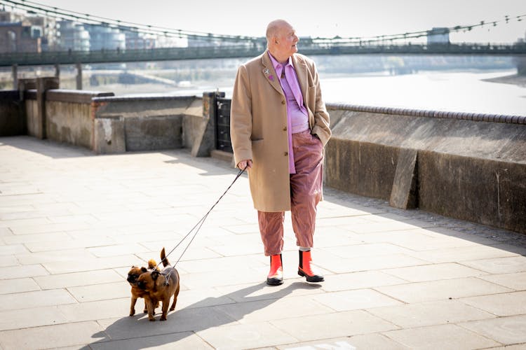Elderly Man Walking Two Brown Pugs Near The River In The City 