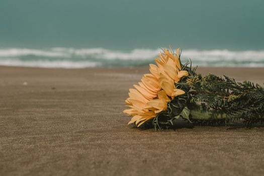 墨西哥马德罗城的平静海滩上，黄色的向日葵栖息着，海浪汹涌
