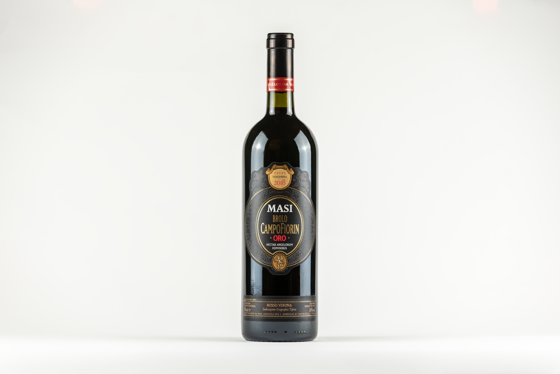 Minimalist product shot of Masi Campofiorin Oro wine bottle with copy space.