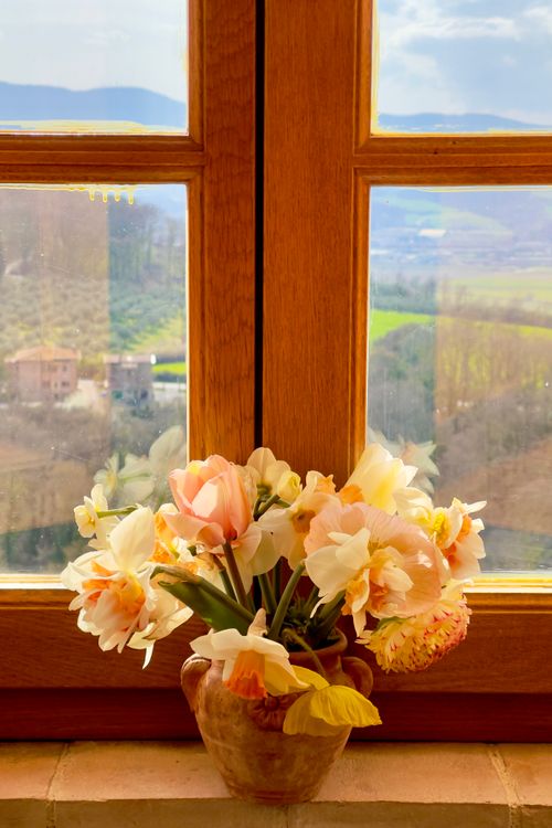 Free Beautiful floral display in a vase on a wooden windowsill with scenic mountain views. Stock Photo