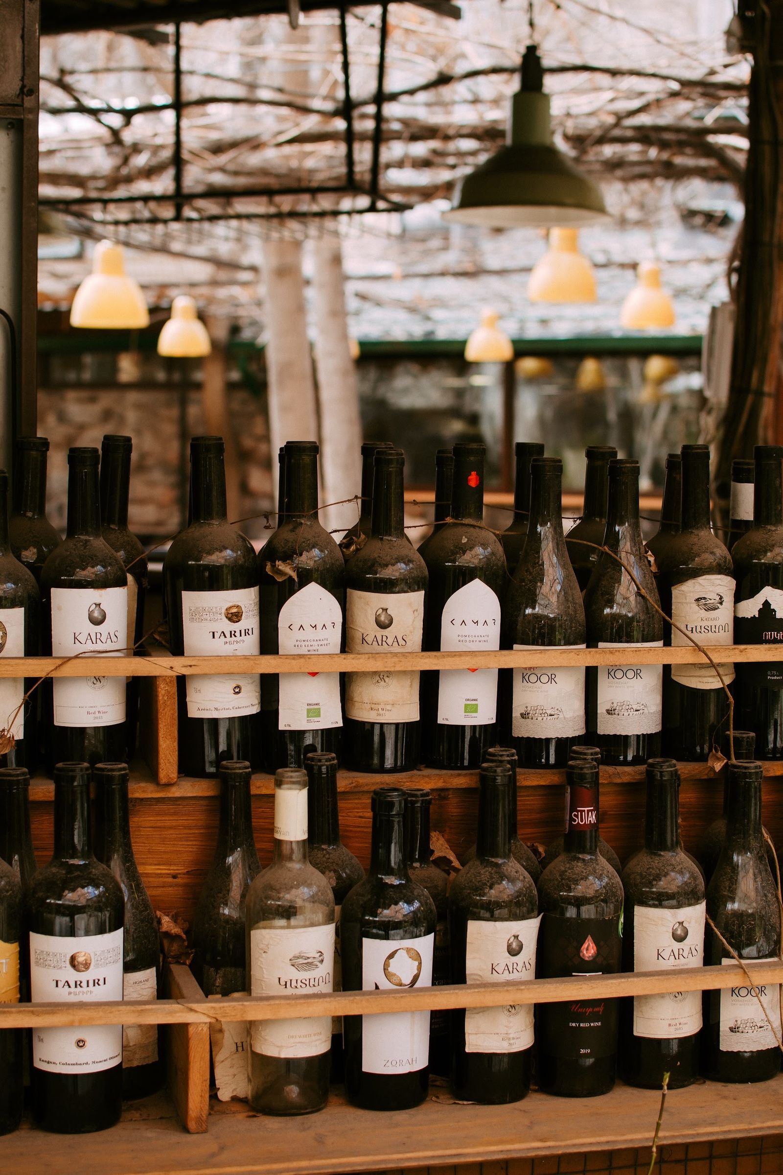 Bouteilles de vin alignées sur un présentoir de terrasse sous les lampes