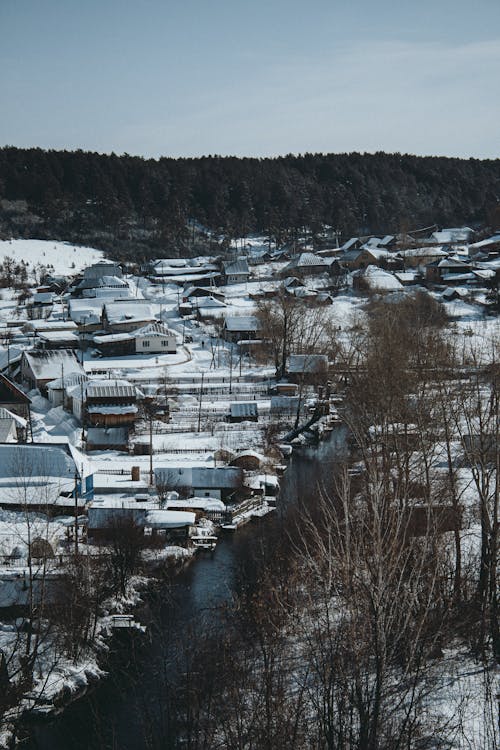 Aerial Photography of a Snow Covered Town