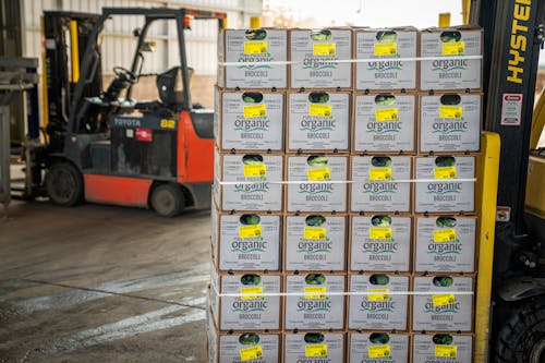 Stacks of Brown Boxes Near Forklift