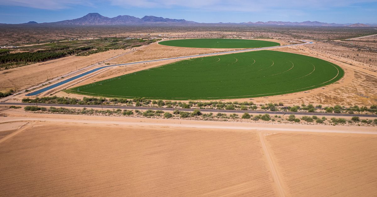 Aerial photograph of lush green circular fields amidst the arid landscape near Stanfield, Arizona.