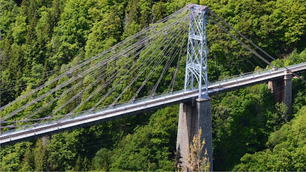 Aerial view of the iconic Pont Gisclard suspension bridge surrounded by lush greenery.