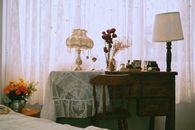 Brown Wooden Table With 3 White Table Lamp