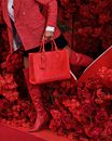 Unrecognizable Woman in Red Coming Out from Behind Pile of Red Roses