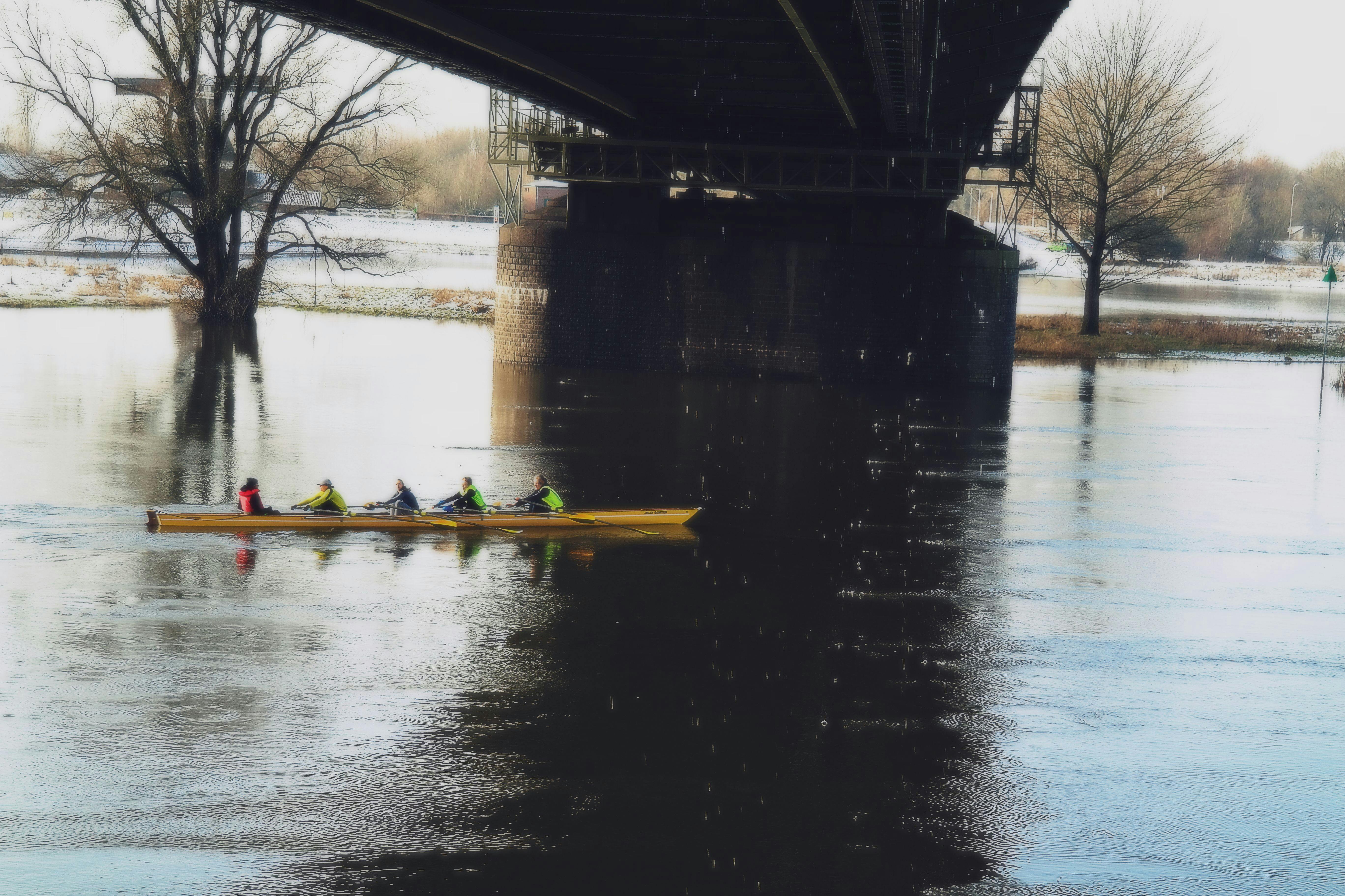 四人赛艇队在冬季的桥下河面上练习，倒影随波荡漾