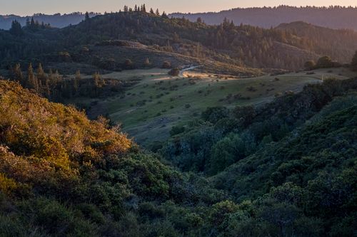 Free A stunning rural landscape with rolling hills and lush greenery during sunset. Stock Photo
