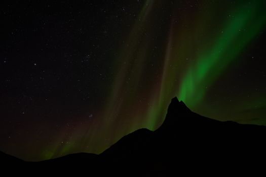 Silhouette of mountain under the mesmerizing northern lights against a starry night sky.
