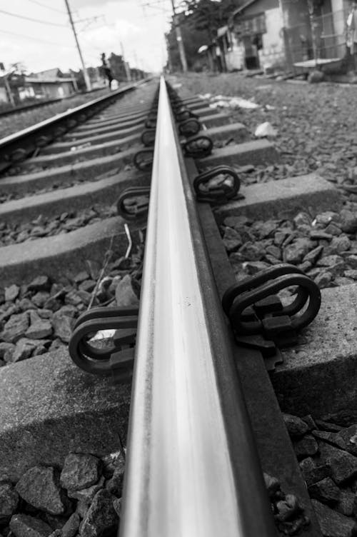 portrait of railroad tracks in black and white