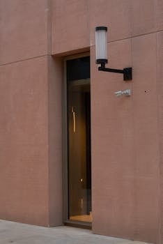 Vertical shot of a modern building entrance with glass door and sconce in Istanbul.