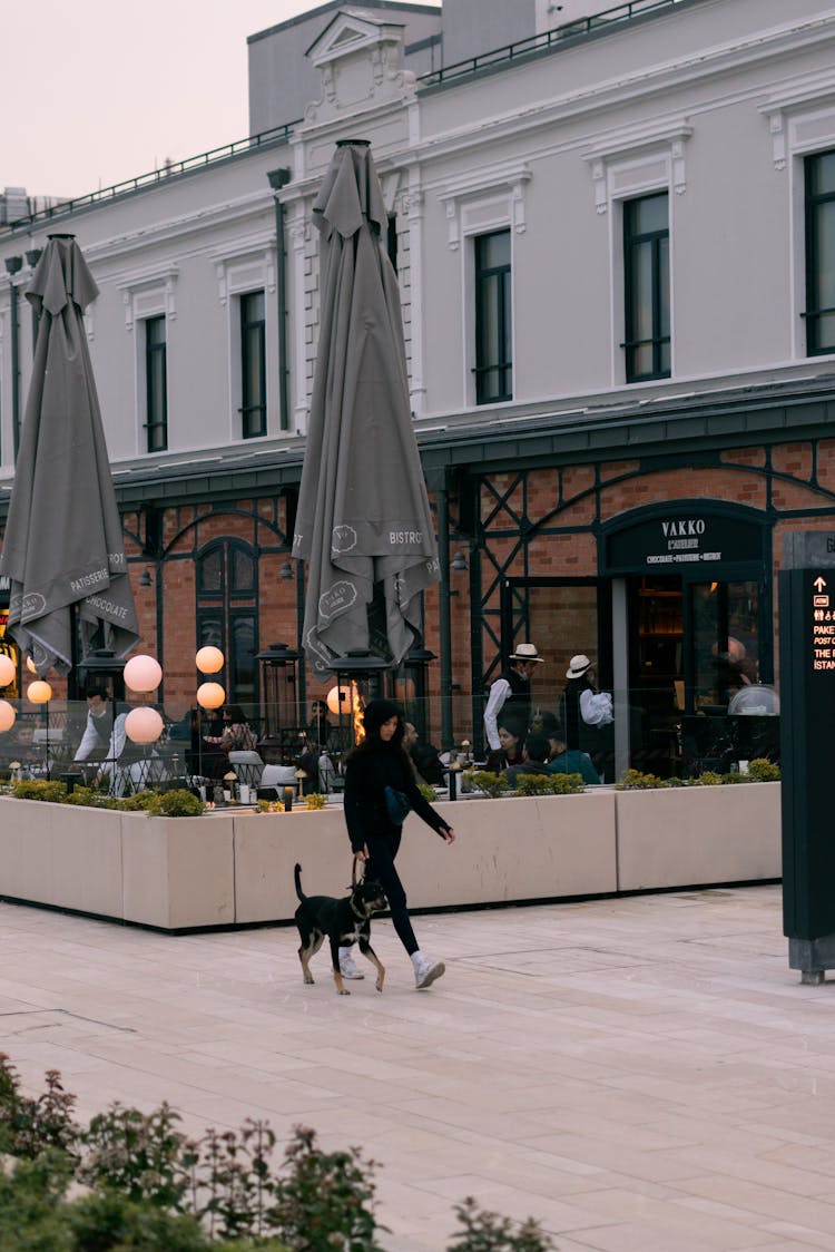 Woman Walking Dog By The Restaurant