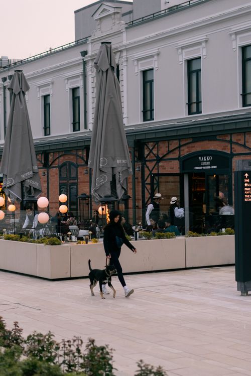 Free A woman walks her dog past a restaurant in an urban area of Istanbul, Turkey. Stock Photo