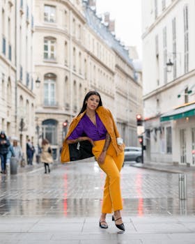 Fashionable woman in orange and purple posing on a European street, showcasing style.