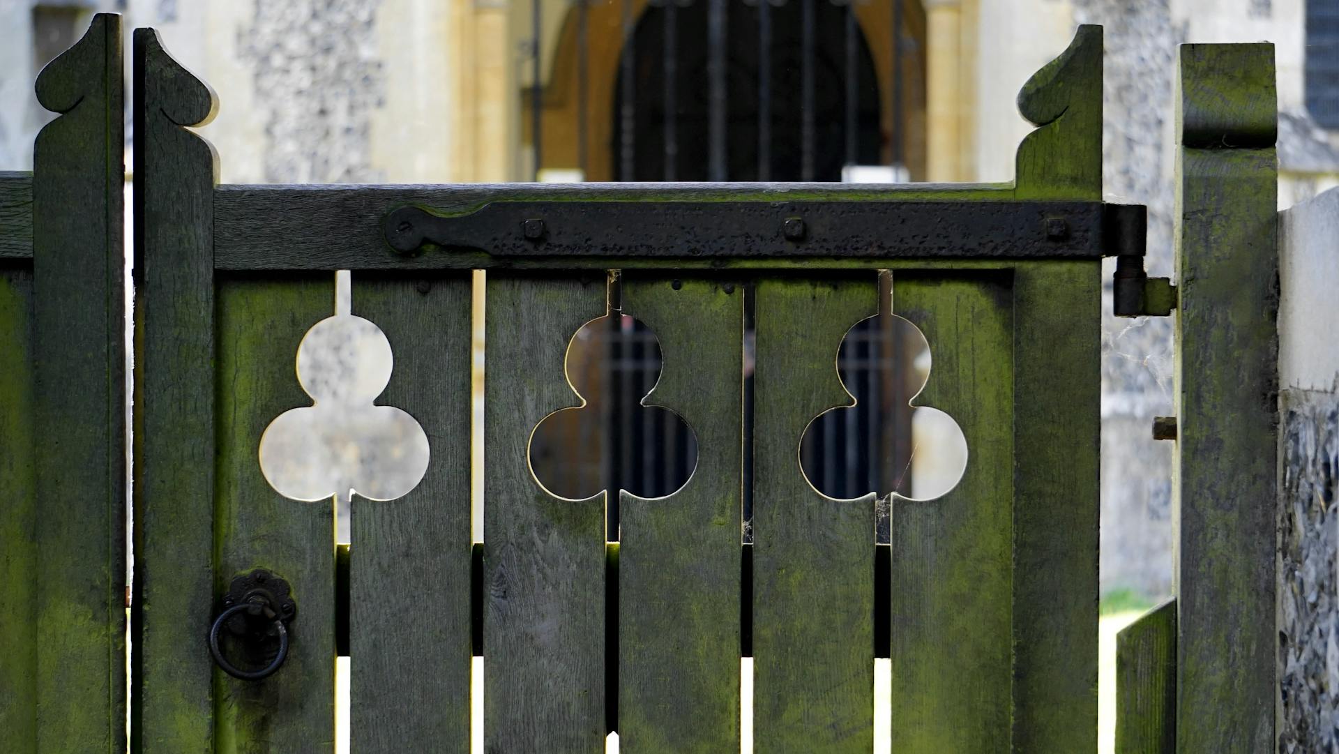 Close-up of a rustic wooden gate with an ornate iron handle and green patina.