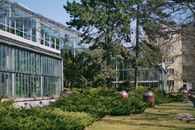 Spacious glass greenhouse amidst lush greenery at Poznań Botanical Garden, Poland.