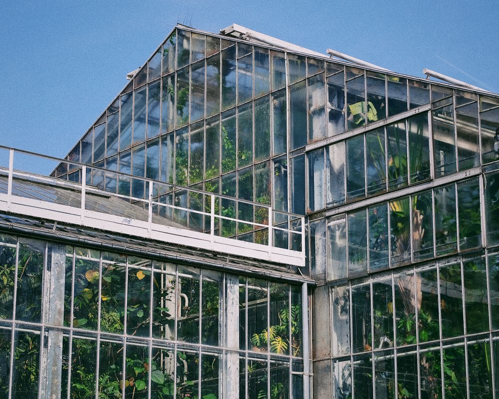 Large glass-fronted structure under a clear blue sky