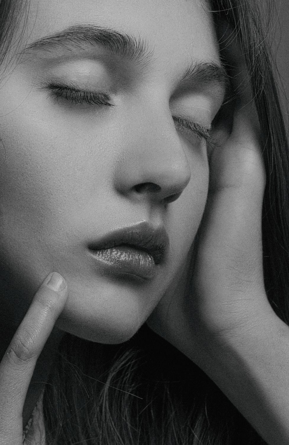 Grayscale Photo of a Woman Touching her Face with her Eyes Closed ...
