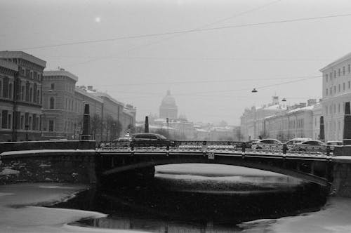 Black and White Photo of a Bridge in the City