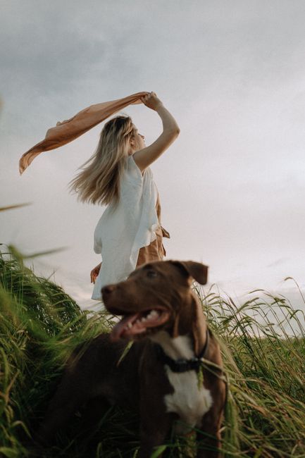 Woman with scarf and dog in a field on a breezy day, capturing a sense of freedom and joy.