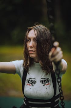 A thoughtful woman with wet hair sits on a swing during a rainy day in a park.