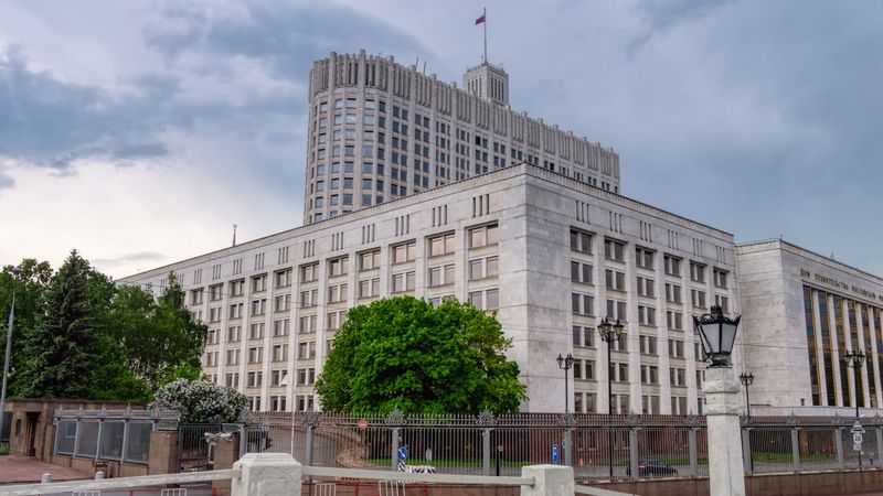 A view of the Russian White House, a prominent government building in Moscow, Russia.