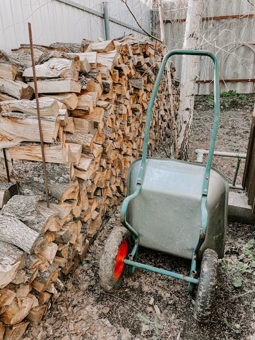 Metal Wheelbarrow Beside Pile of Wood Logs