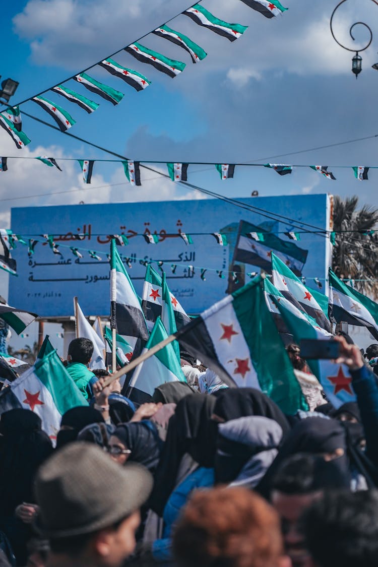 Crowd Of People Waving Their Flags