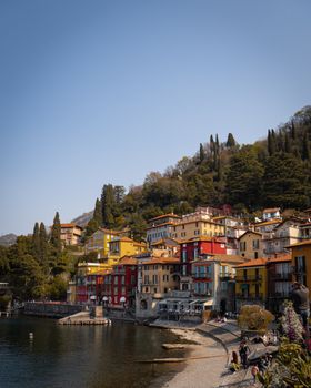 Charming view of colorful houses by Lake Como in Varenna, Lombardy, Italy.