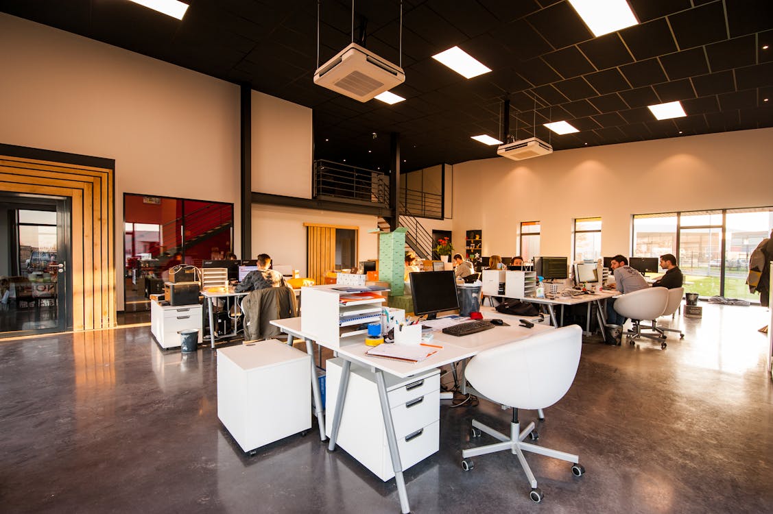 Free People Sitting on Chairs Beside their Desks in an office Stock Photo