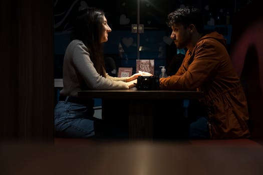 A couple sitting face-to-face, enjoying a romantic evening indoors with intimate lighting.