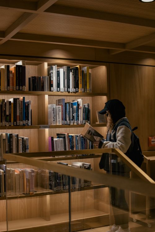 Free A woman reading a book in a well-lit Istanbul library with wooden bookshelves. Stock Photo