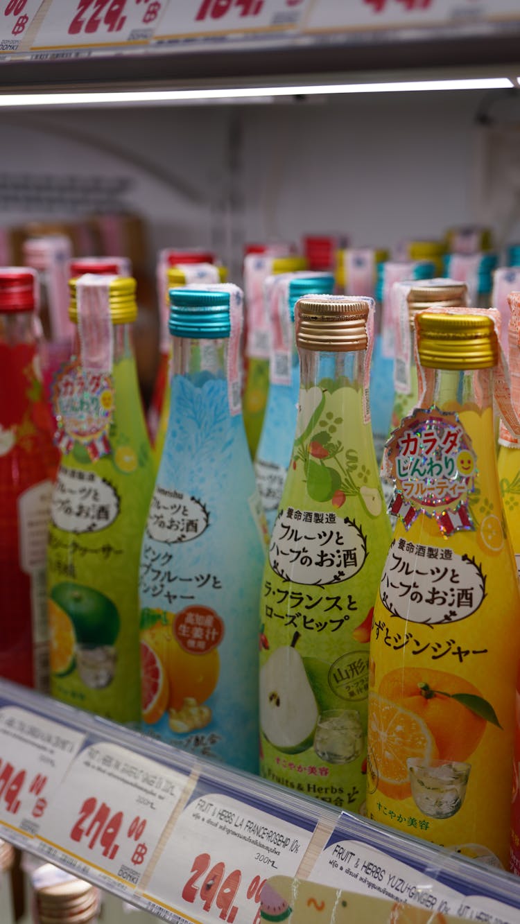 Colorful Drinks Bottles On Shop Shelf