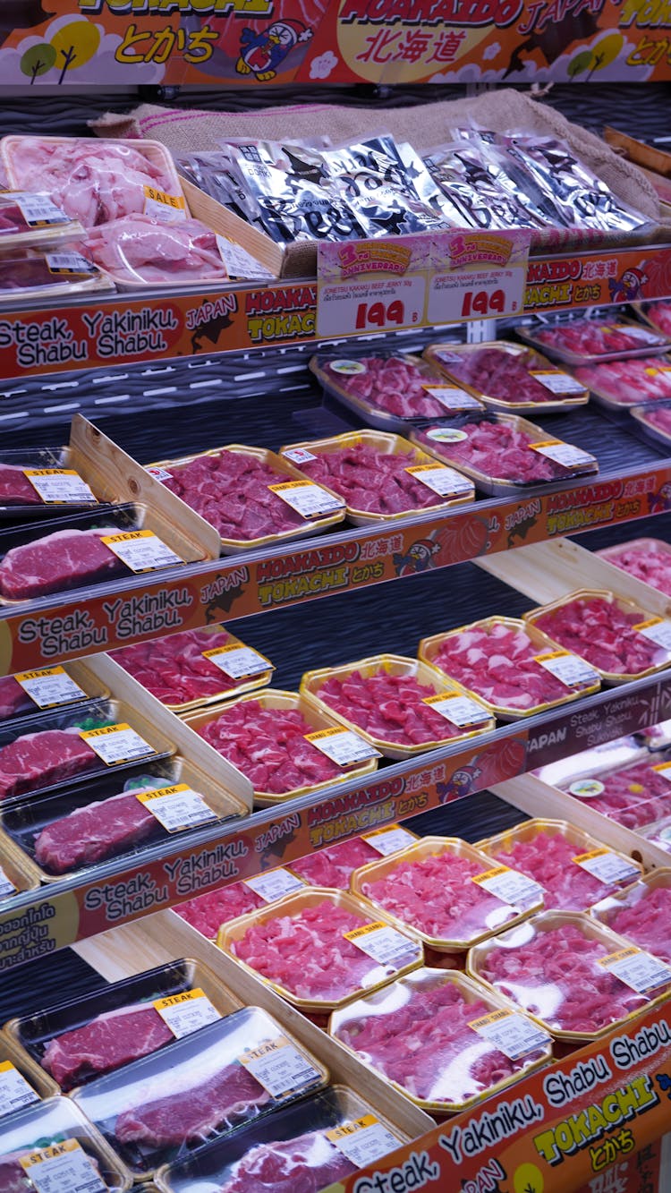 Store Shelves With Packed Red Meat