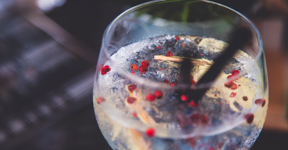 Close-up of a gin and tonic with ice, botanicals, and a straw in a cocktail glass.