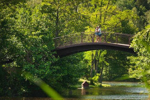 Free Photo of Couple Hugging on Bridge over River Stock Photo