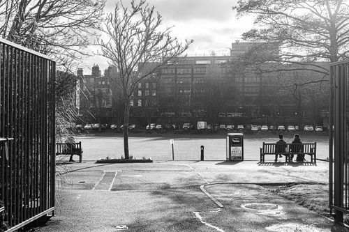 Free Grayscale photo of a city park with benches and buildings in the background, capturing urban life. Stock Photo