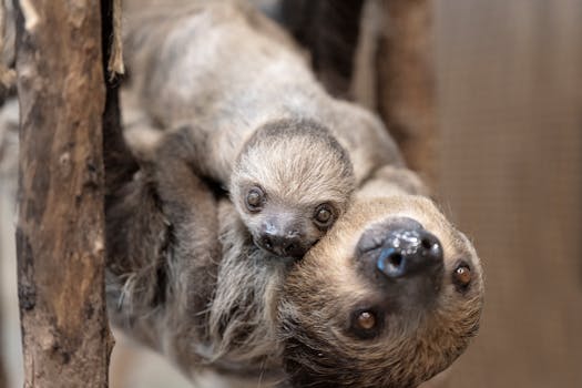 Charming close-up of a baby sloth with its mother hanging from a branch in Dubai.