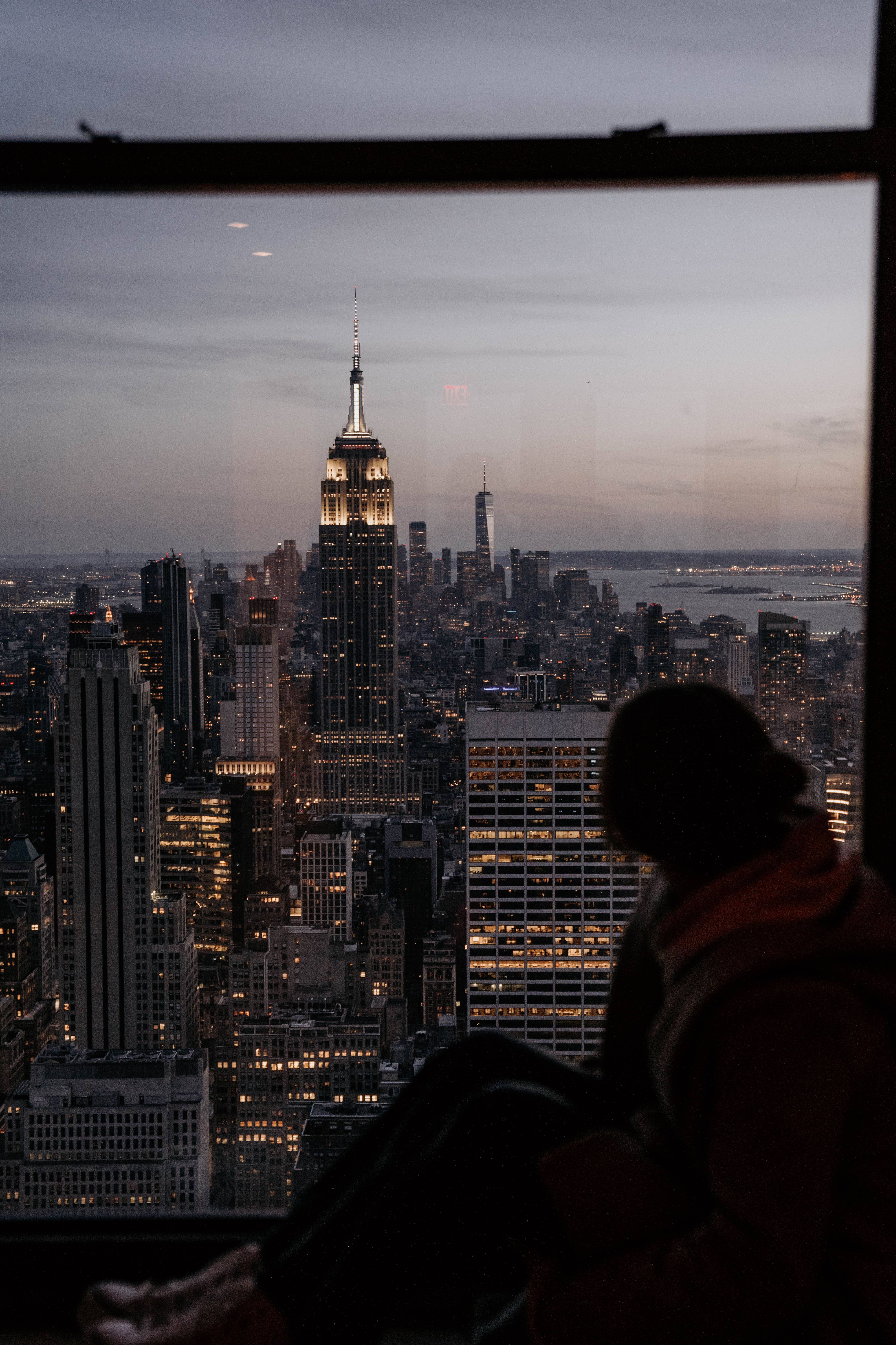 Silhouette of a person looking at New York City skyline through a window during twilight.