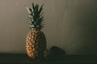 一个菠萝和一颗松果在弱光下被艺术地排列在纹理表面上