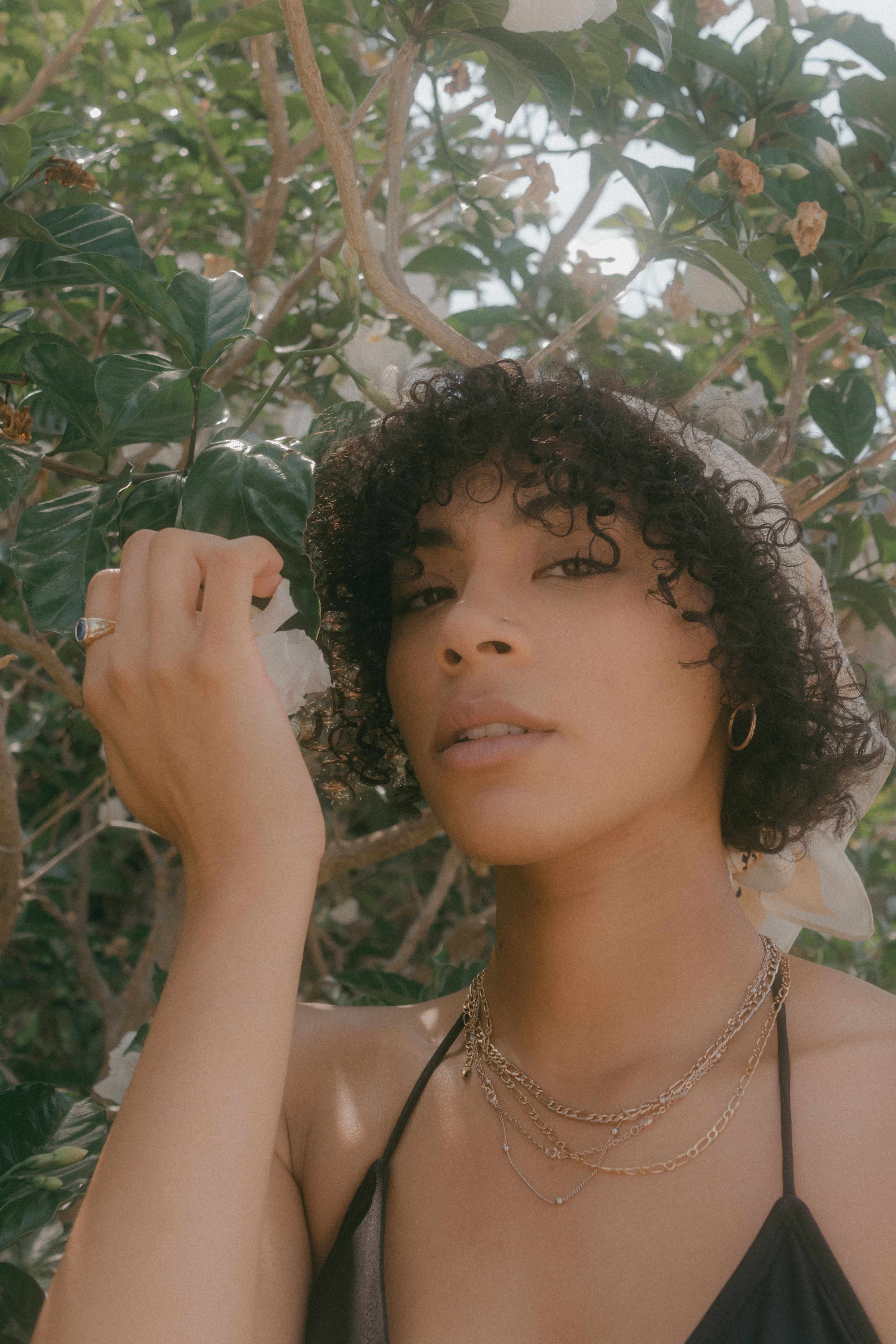 Stunning portrait of a woman with curly hair surrounded by lush greenery and flowers, showcasing natural beauty.