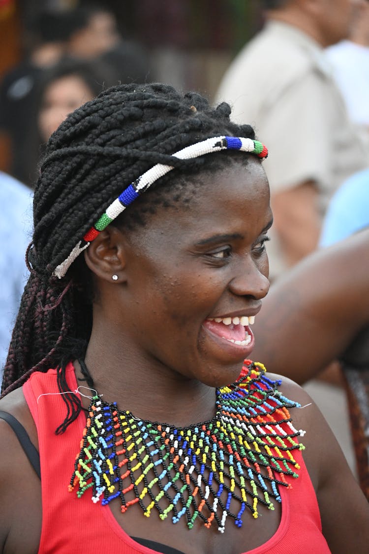 Close-Up Shot Of A Woman Wearing Zulu Beaded Necklace