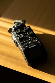 A close-up of a Zoom H6 field recorder resting on a wooden table in sunlight.