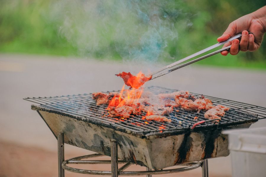 Meat cooking over a barbecue fire