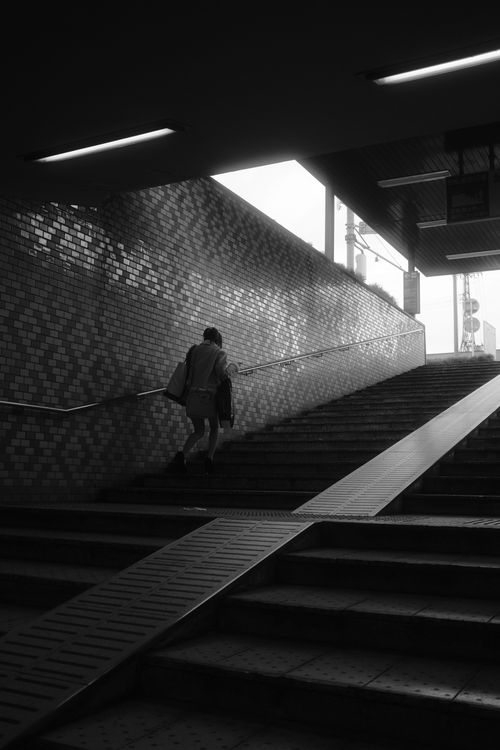 Free A woman climbs stairs in a monochrome urban setting, creating a sense of solitude and movement. Stock Photo