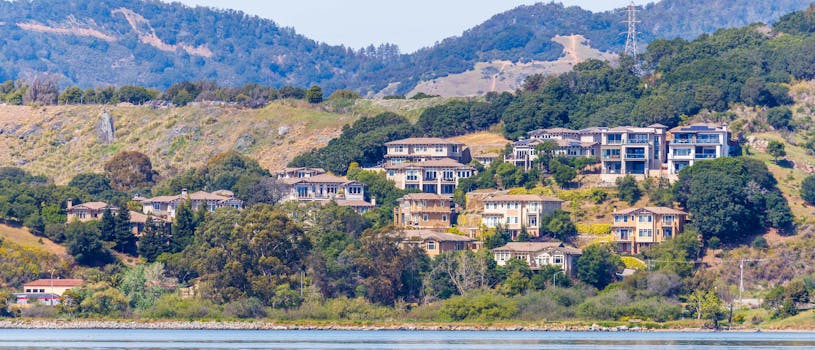 Panoramic view of luxury homes nestled on a picturesque hillside near the waterfront.